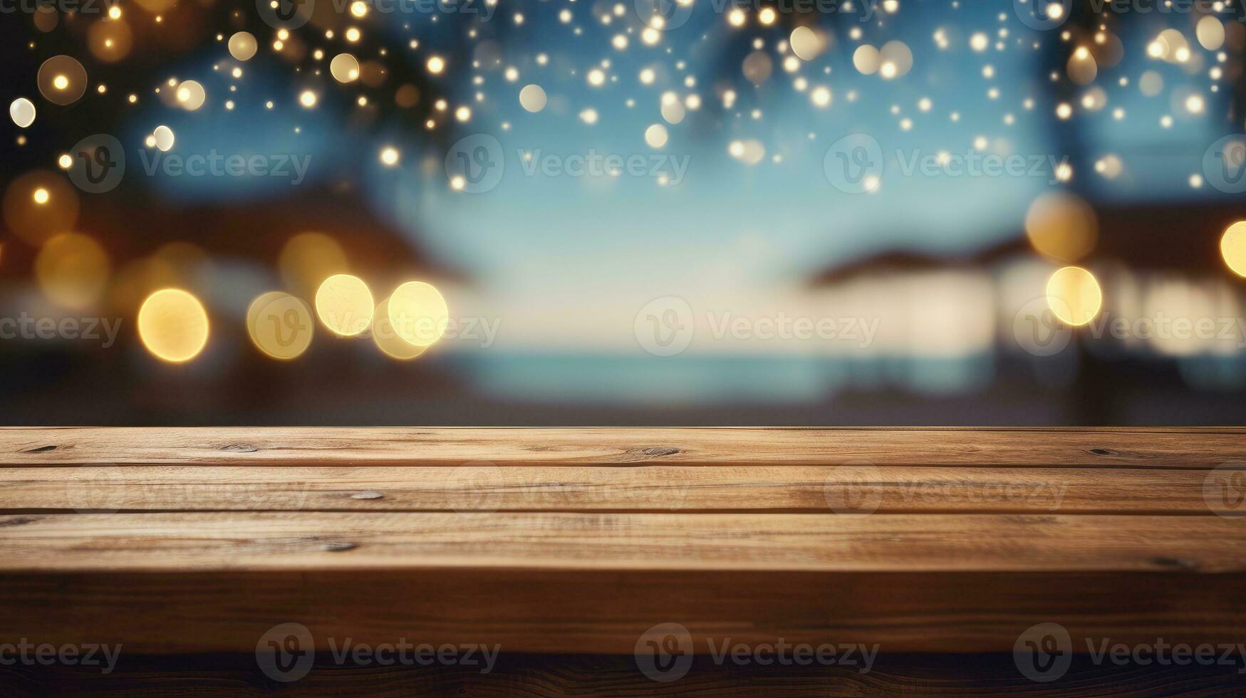 Empty wooden table product display blurred evening beach background AI Generative photo