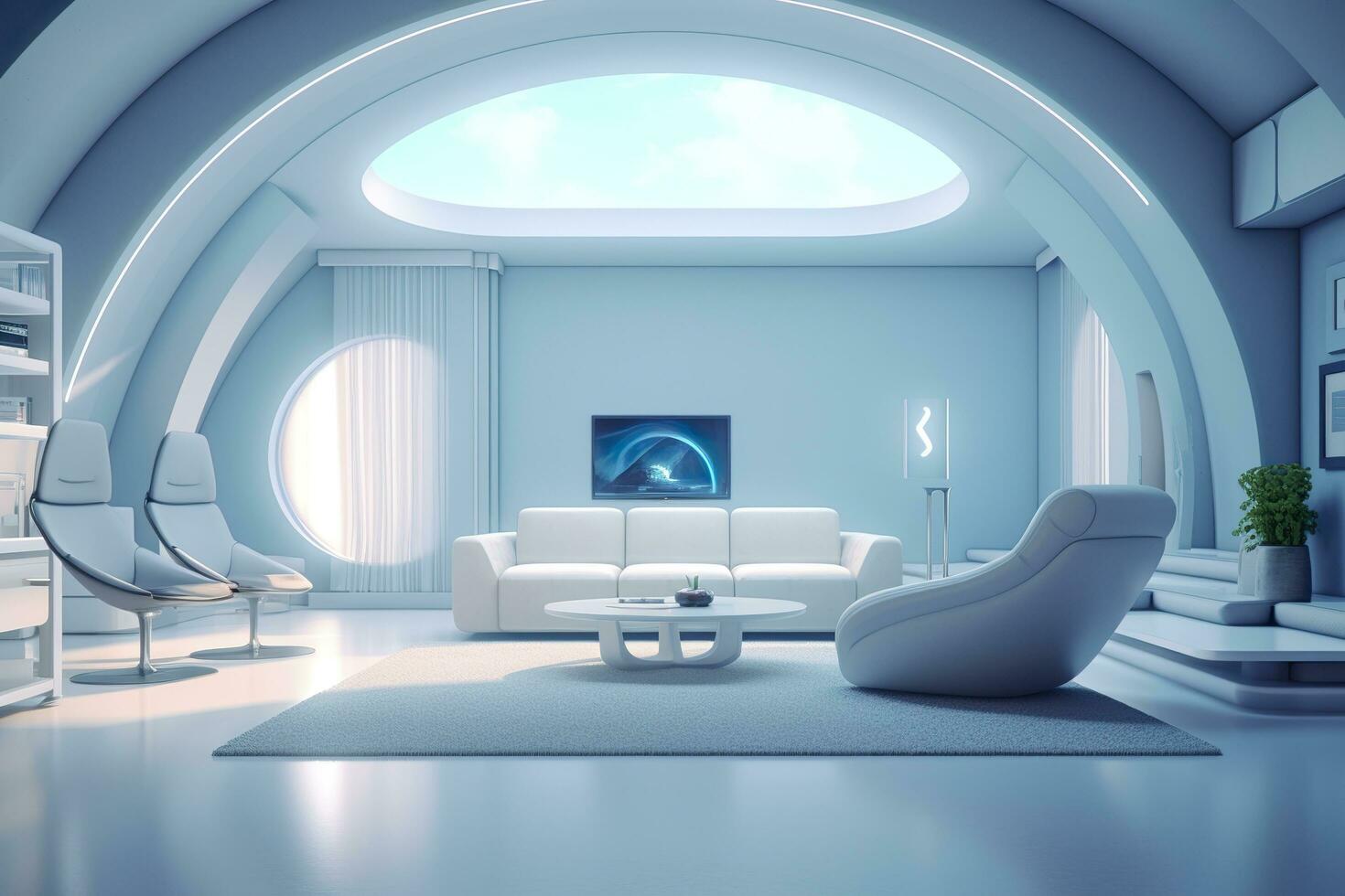 A professional and eye catching light blue with white living room in the metaverse.  AI Generative photo