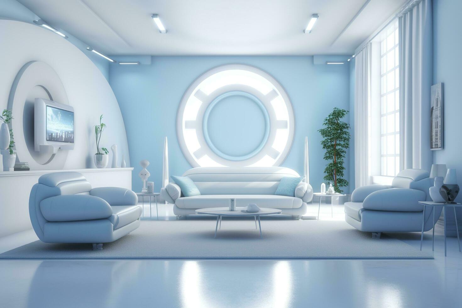 A professional and eye catching light blue with white living room in the metaverse.  AI Generative photo