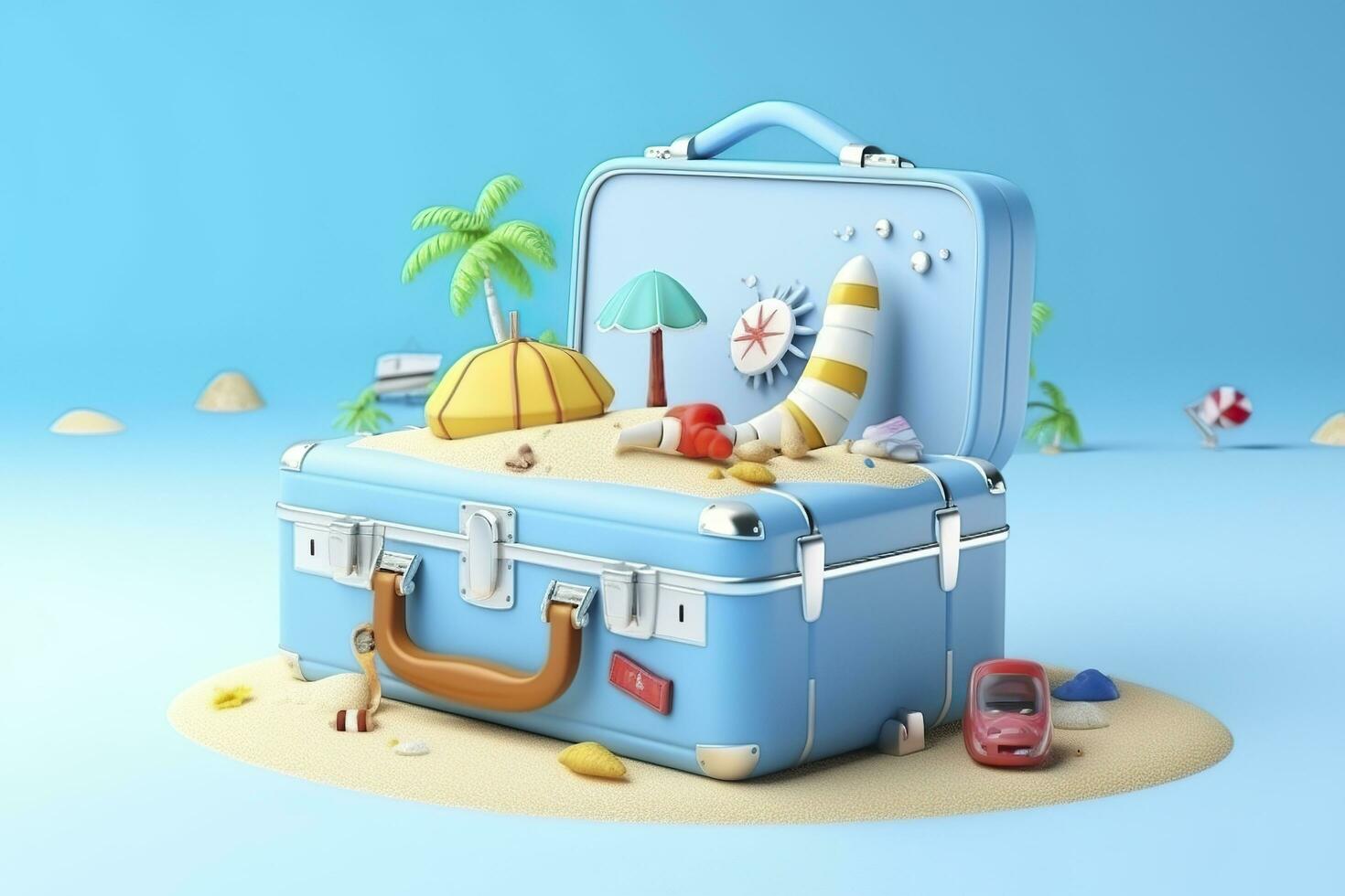 Creative Summer Beach Composition in Suitcase on Blue Background, A Travel Concept Idea in 3D Rendering. AI Generative photo