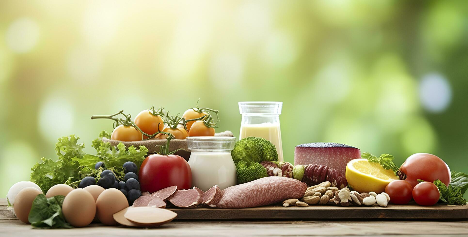 Closeup of vegetables, fruits, and meat on wooden table over green natural background. Generative AI photo