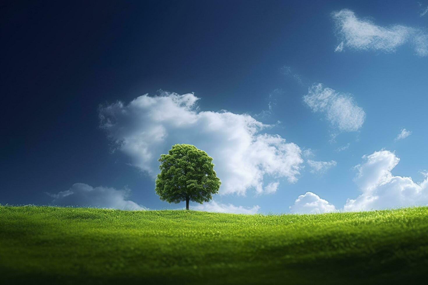 Green field and tree on blue sky. AI Generative photo