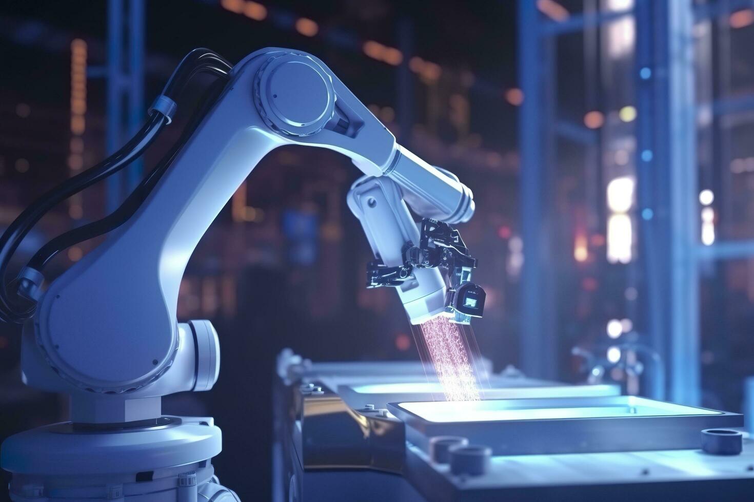 Arm robot working with Screen monitor control industrial machine robot arm line. Generative AI photo