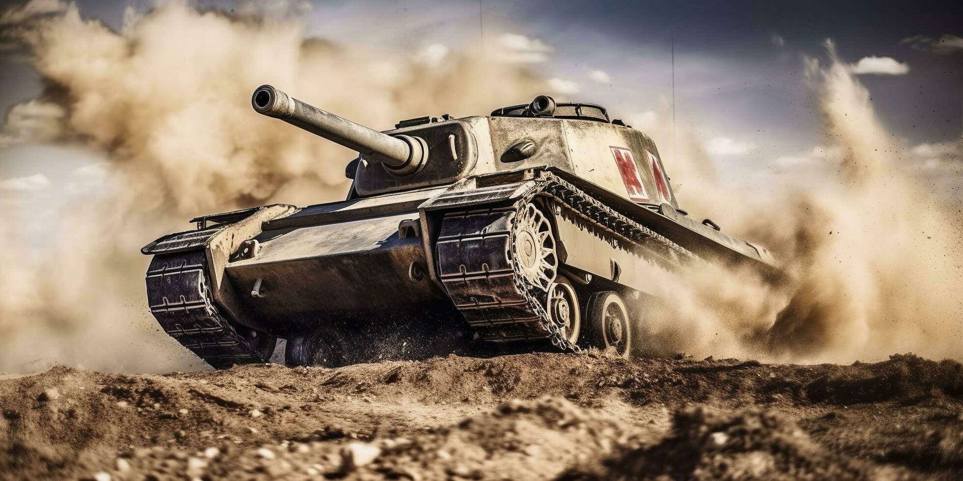 A Close Up Look at the Power and Destruction of a World War II Tank Firing Shell. AI Generative photo