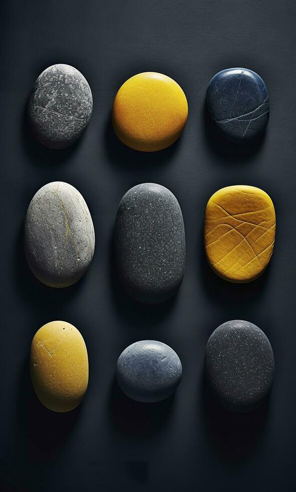 Some colorful stones are displayed, dark navy and yellow, AI Generative photo