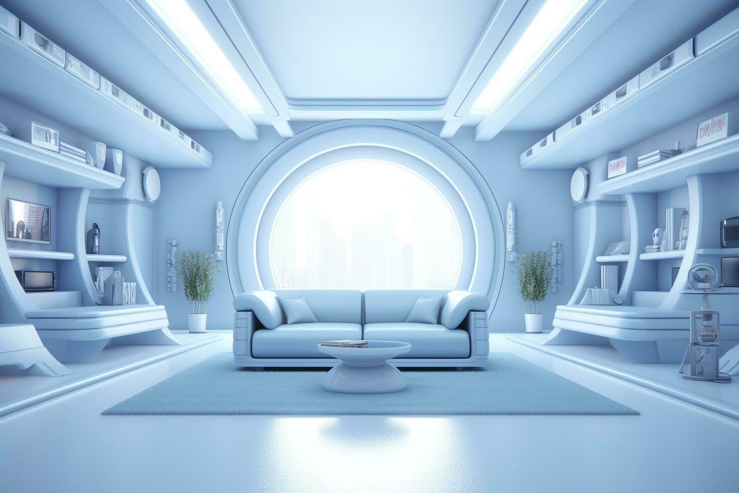 A professional and eye catching light blue with white living room in the metaverse.  AI Generative photo
