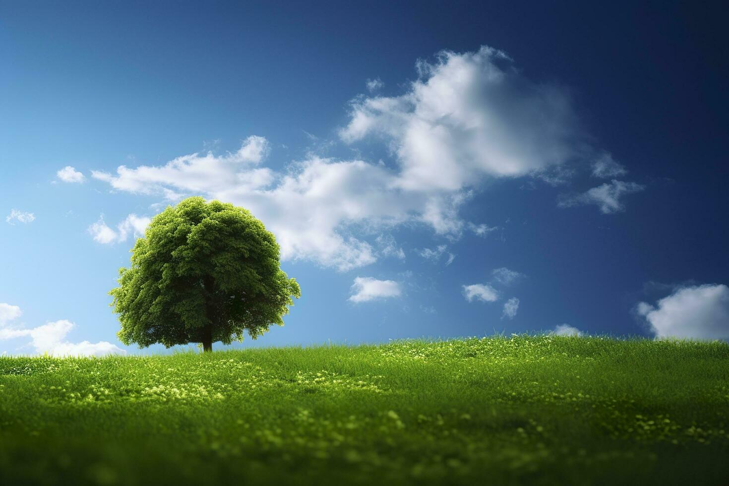 Green field and tree on blue sky. AI Generative photo