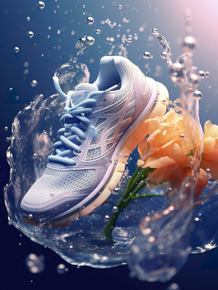 Sports shoes surrounded by transparent flowers, splashing with water droplets, emitting light white blue, AI Generative photo