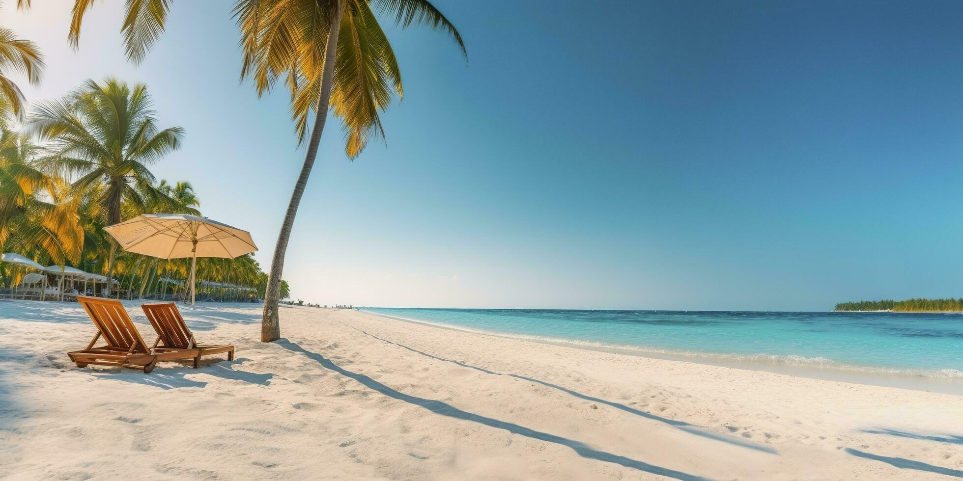 White sand and coconut plant travel tourism wide panorama background concept. Generative AI photo