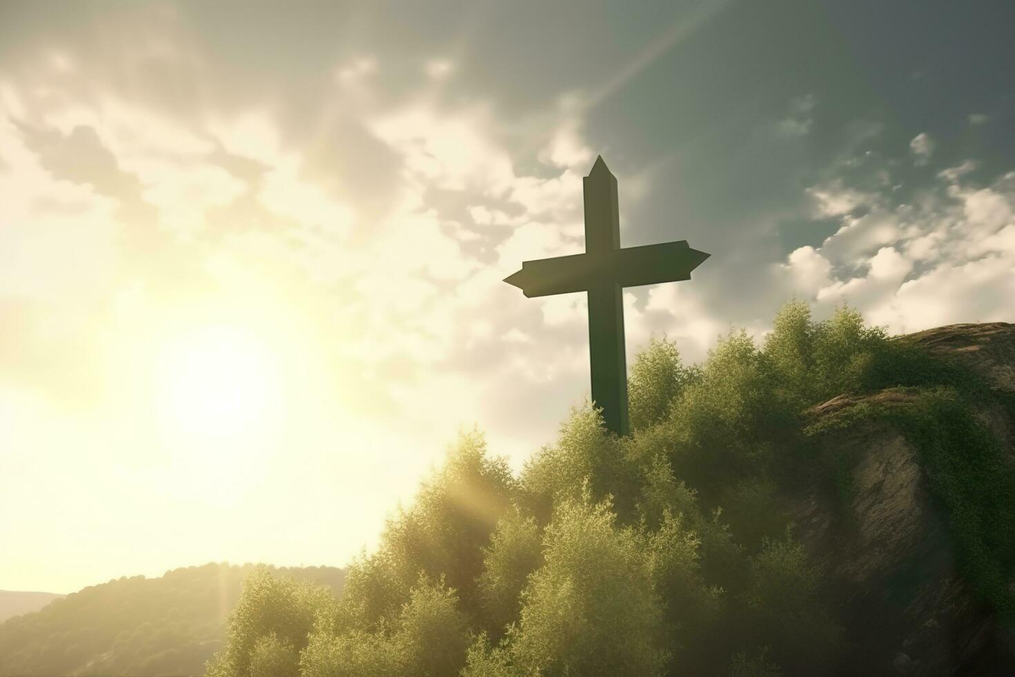 The cross of God with green Leaf, in the rays of the sun and blue sky. Cross on the hill with green trees and graeen natural view. Religious concept, AI Generative photo