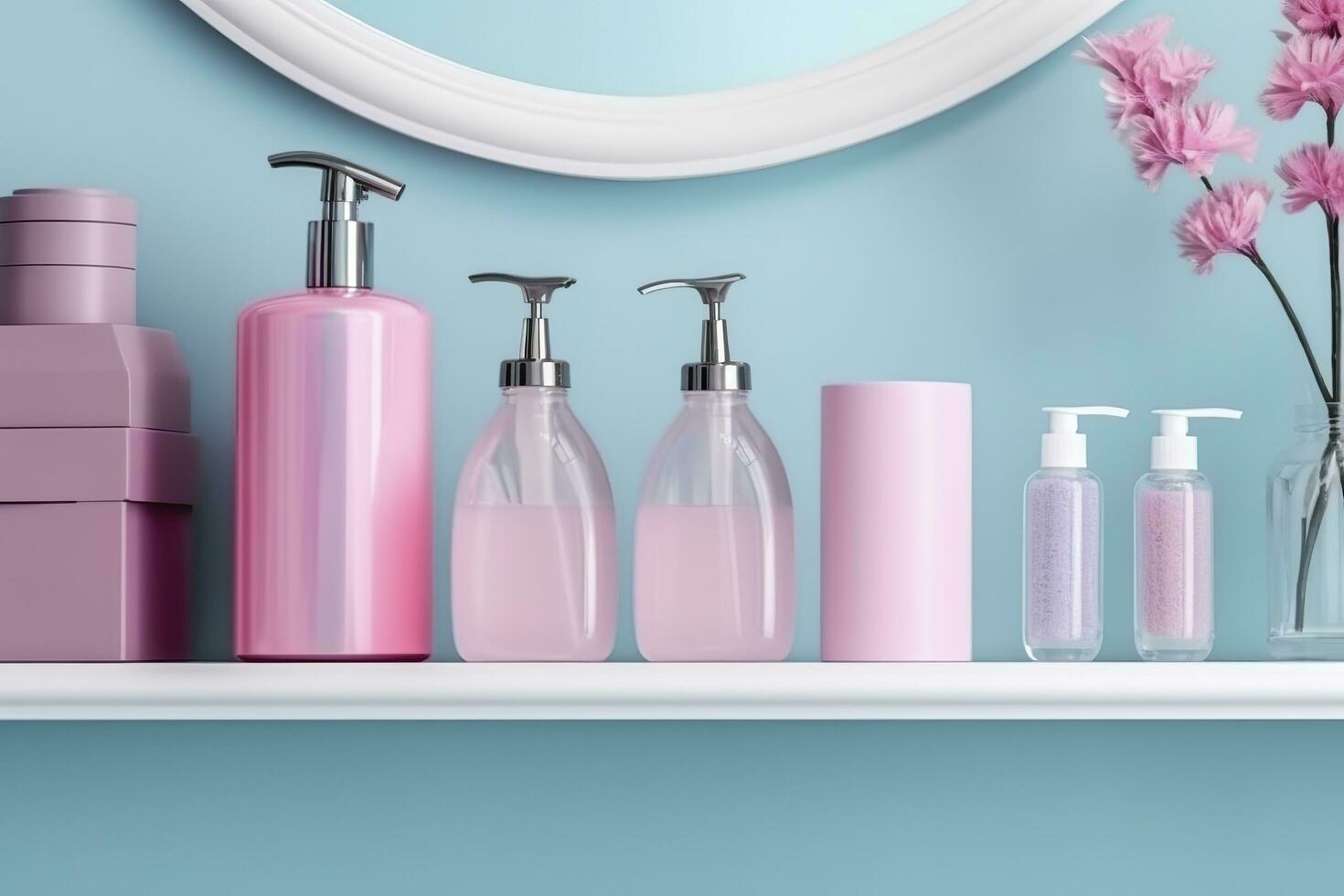 A pastel bathroom shelf with pink skincare products, copy space, banner, pink and pastel blue bright palette, barbiecore. AI Generative photo