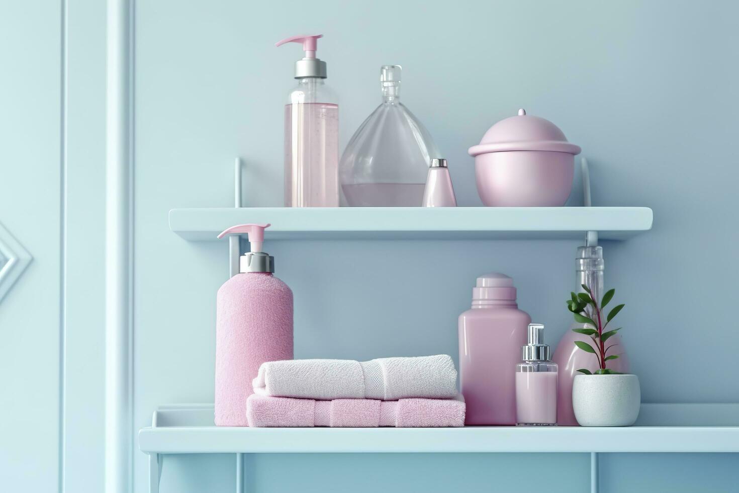 un pastel baño estante con rosado protección de la piel productos, Copiar espacio, bandera, rosado y pastel azul brillante paleta, barbiecore. ai generativo foto