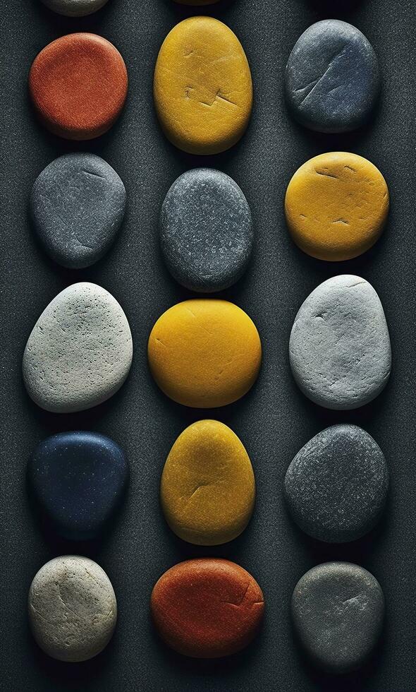 Some colorful stones are displayed, dark navy and yellow, AI Generative photo