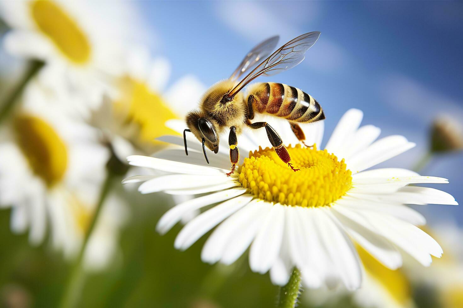 Bee and flower. Close up of a bee collecting honey on a daisy flower on a sunny day. Generative AI photo