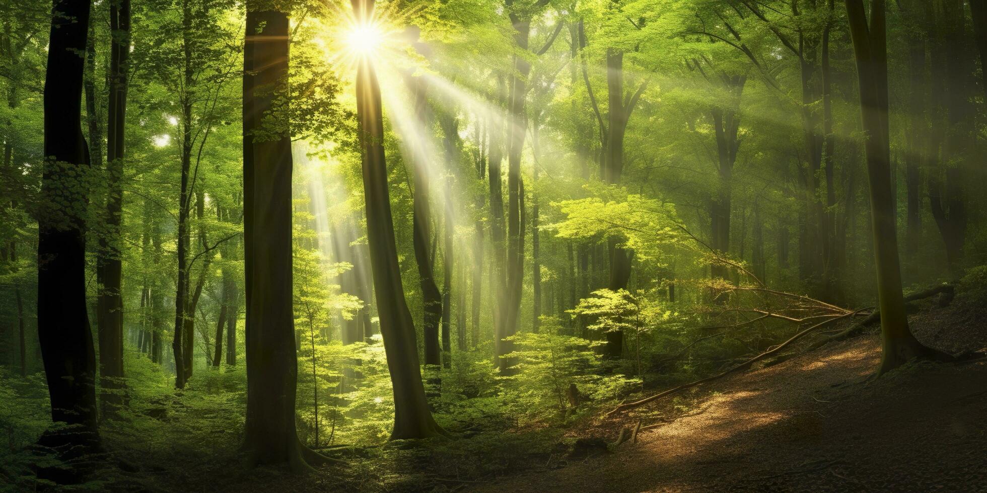 hermosa rayos de luz de sol en un verde bosque. generativo ai foto