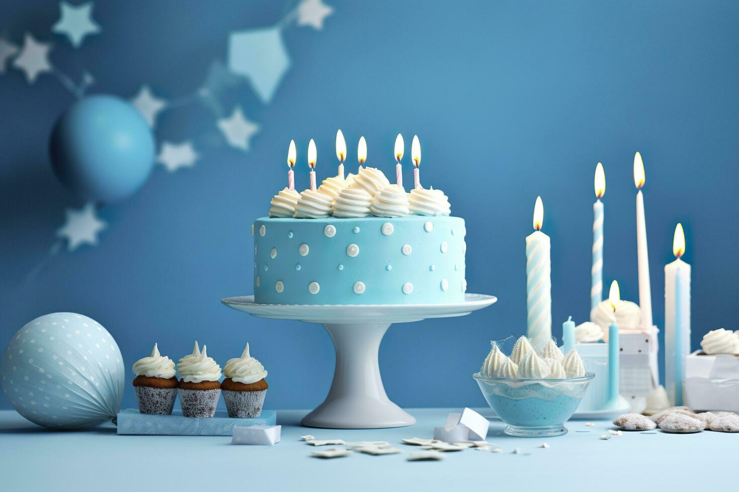Birthday cake with candles and sweets on white table near blue wall. Generative AI photo