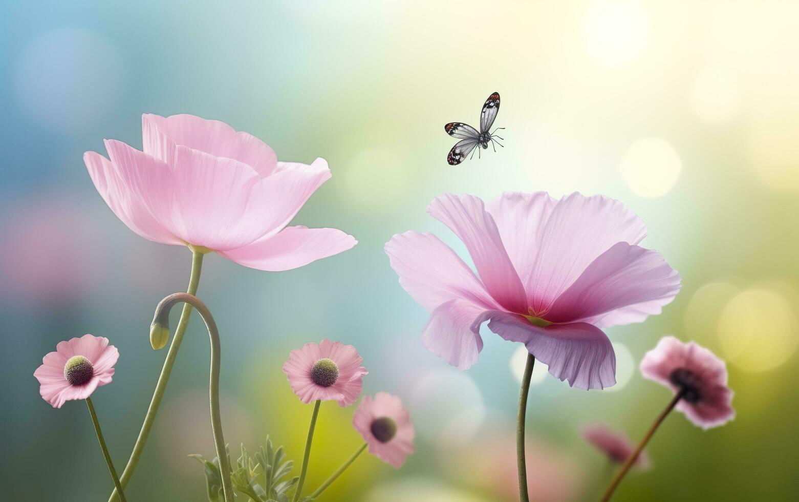 Fresco primavera Mañana en naturaleza y revoloteando mariposas en un suave verde antecedentes. generativo ai foto