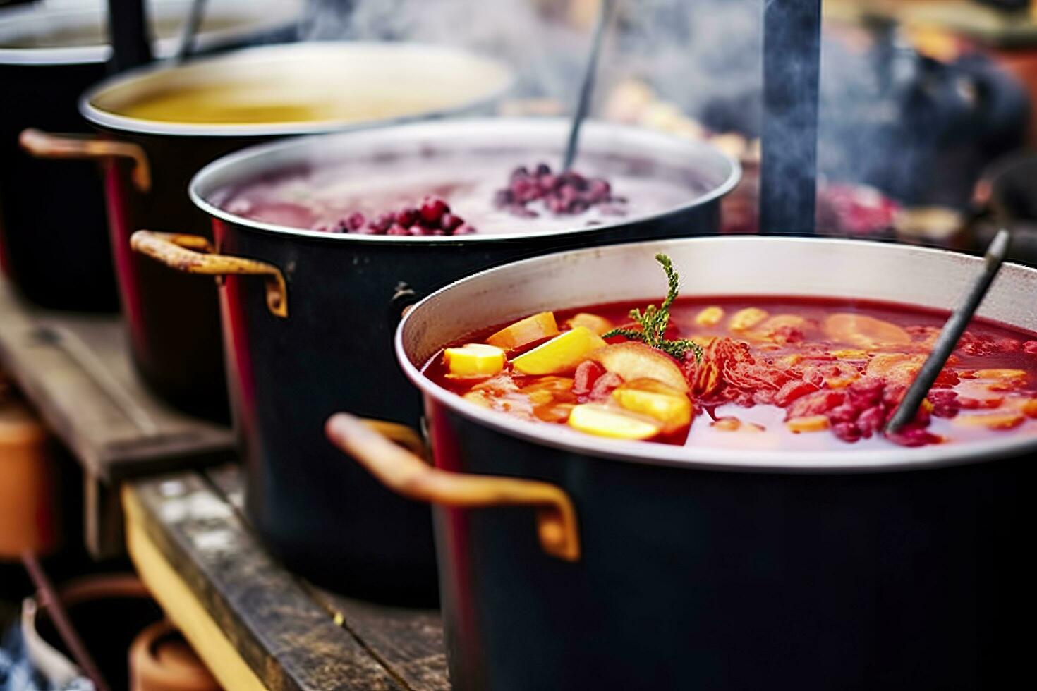 Beverages fruits and berries hot mulled wine in pots with steam in street food market. Generative AI photo