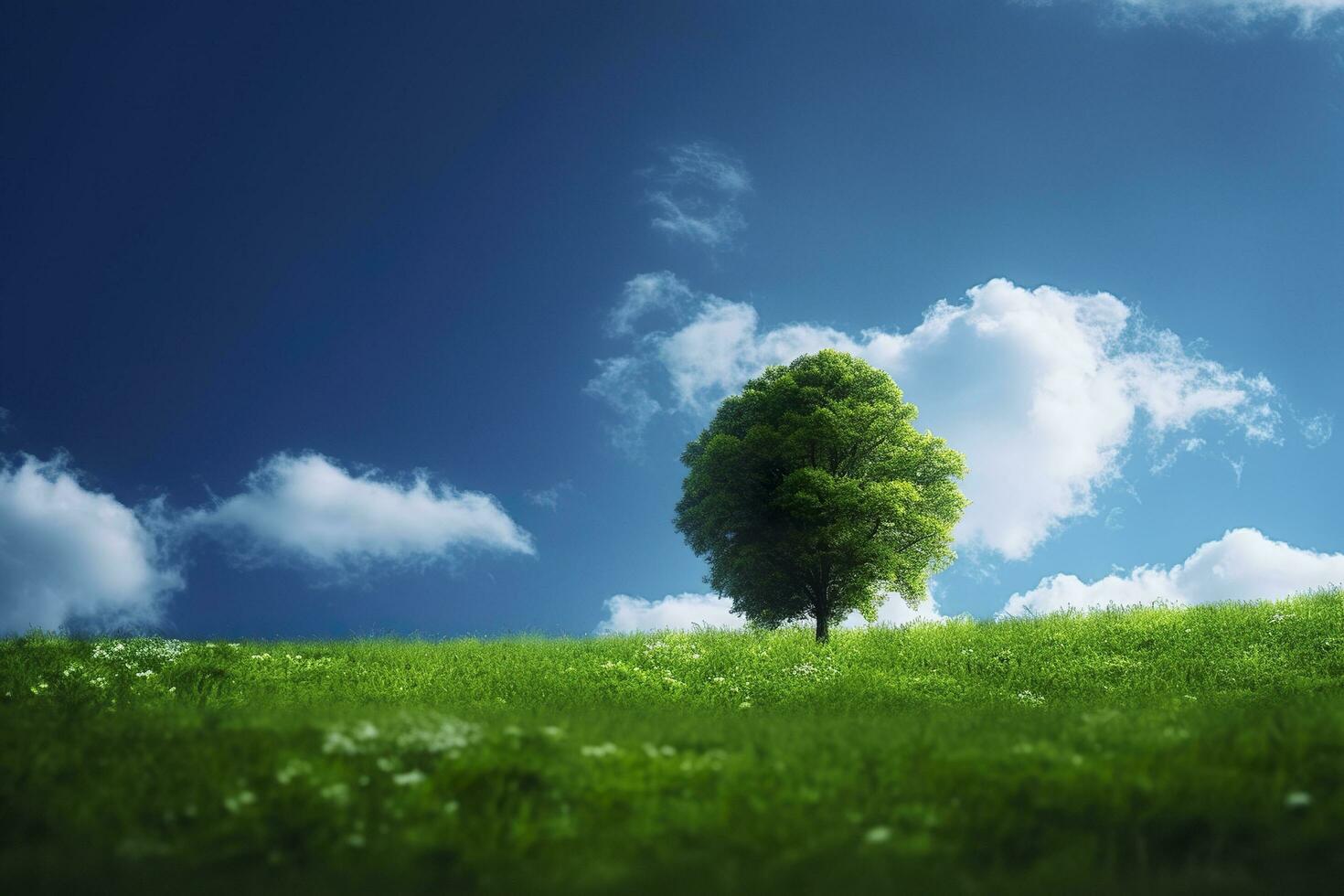 Green field and tree on blue sky. AI Generative photo