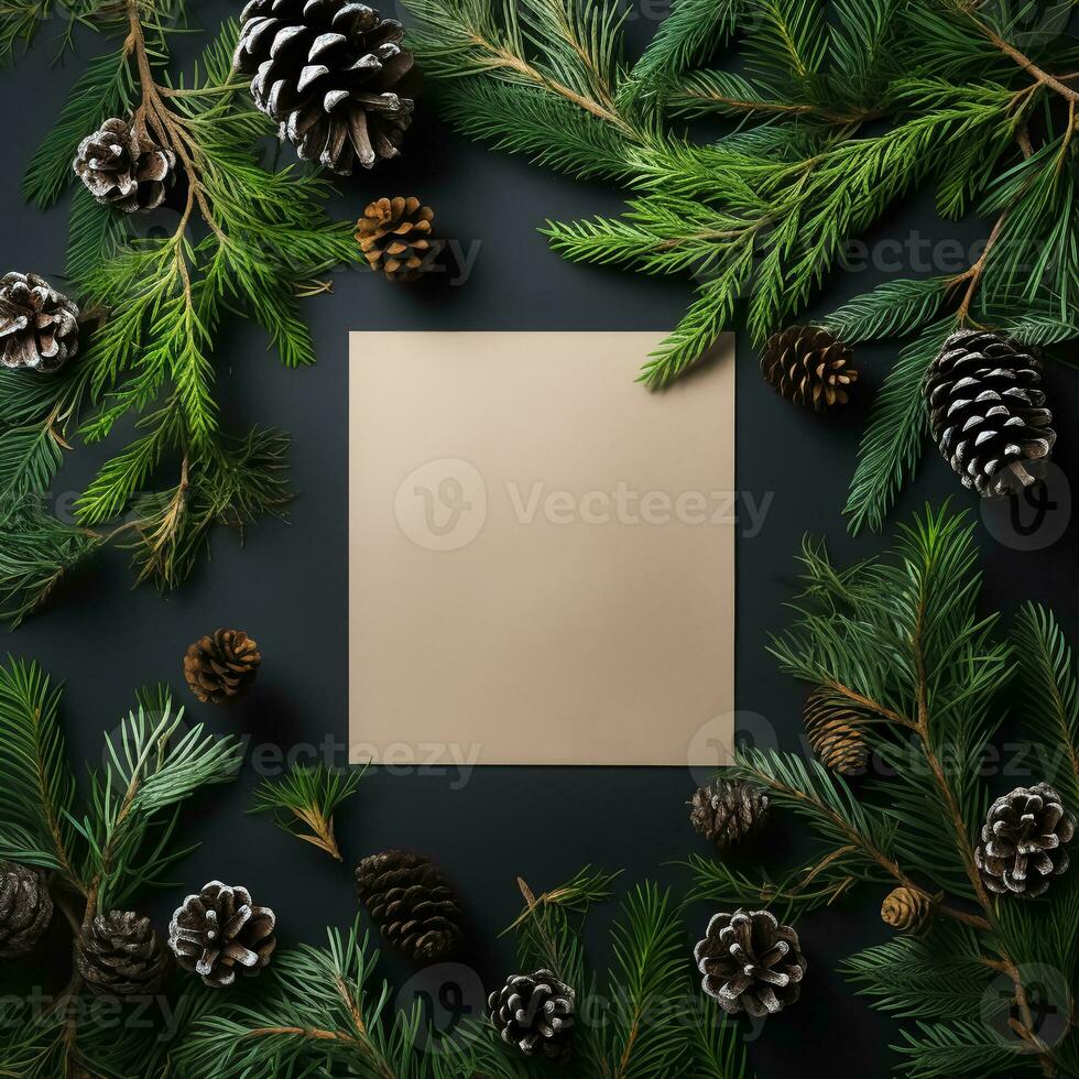 Christmas square card note between fir branches and pine cones on dark green background. Creative Xmas or New Year table layout. Festive rustic banner template for social media post. AI Generated photo