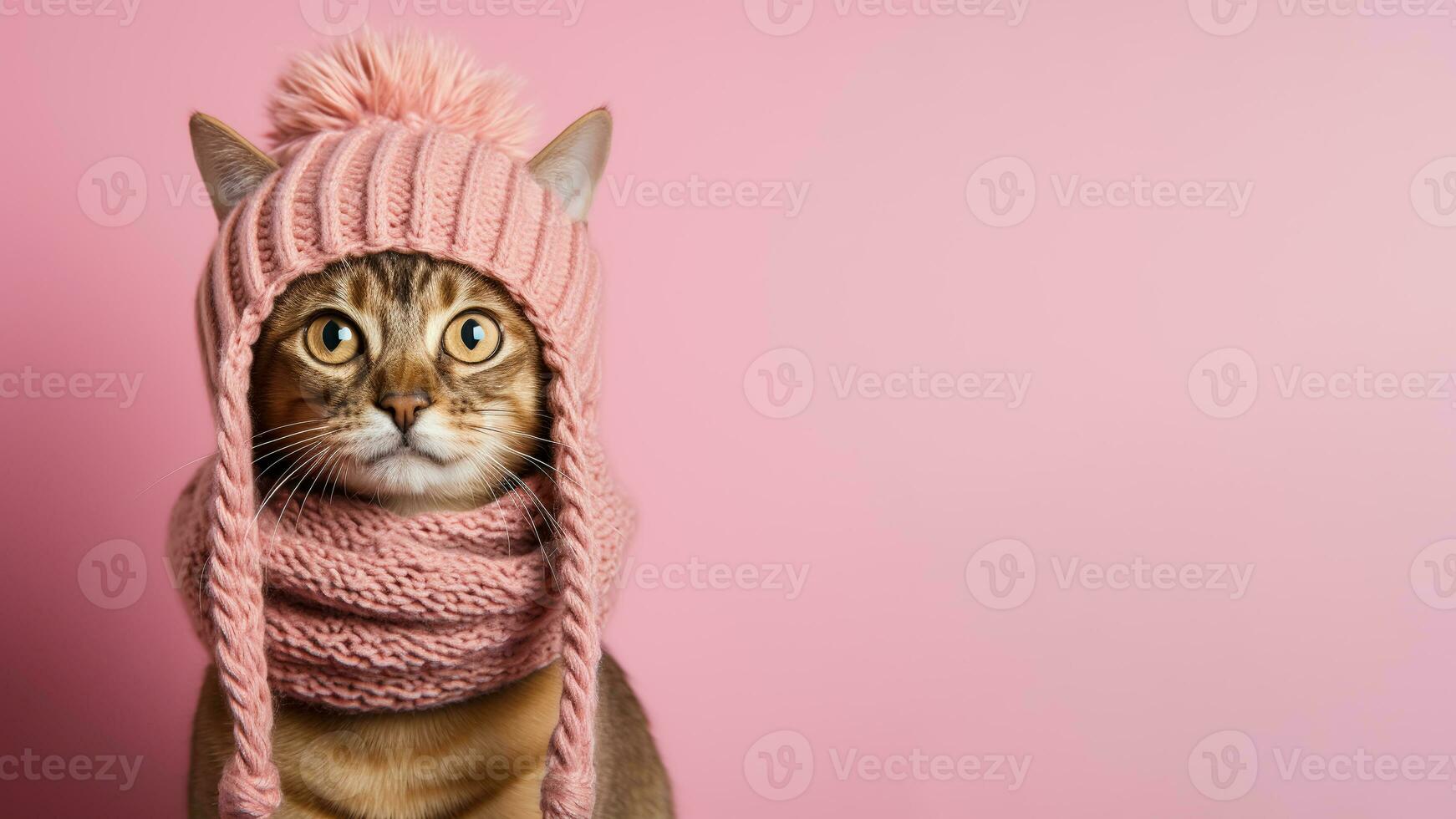 Cute abyssinian cat in knitting winter hat and scarf isolated on pink background. Portrait red-haired domestic kitten. AI Generated photo