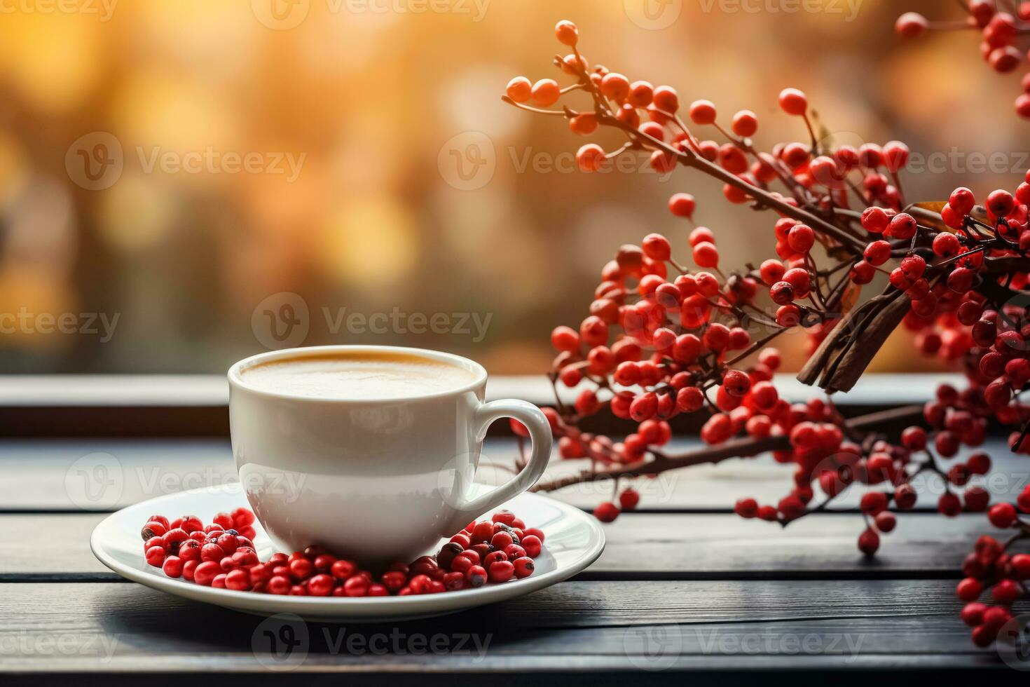 Cup of hot coffee with milk, cozy autumn season composition. Cappuccino and red rowan berries on blurred orange leaves background. Autumn decor, fall mood, still life. AI Generated photo