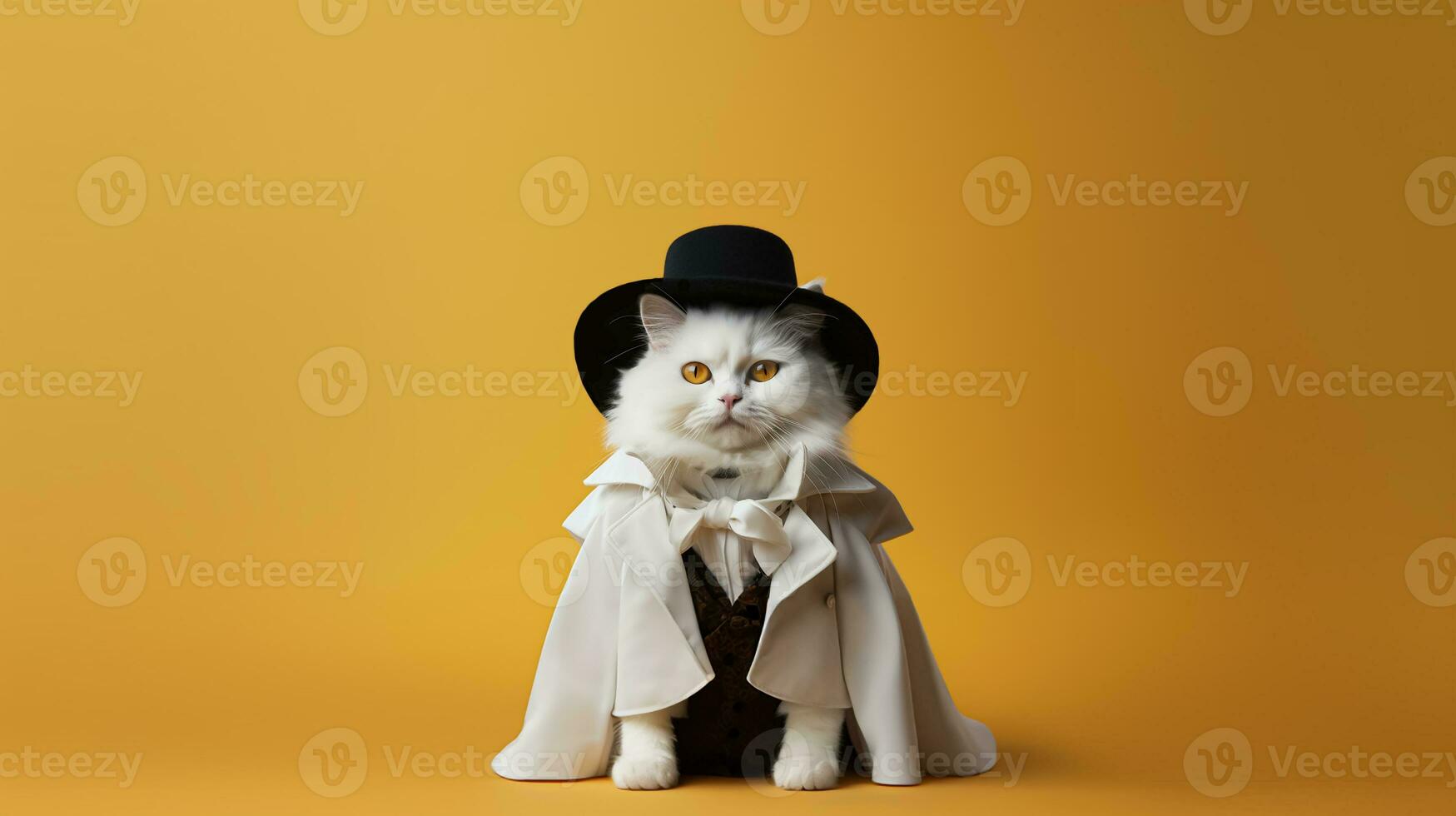 Cute white cat in Halloween victorian costume isolated on yellow background with copy space. Fluffy kitty in black hat and white mantle. AI Generative photo