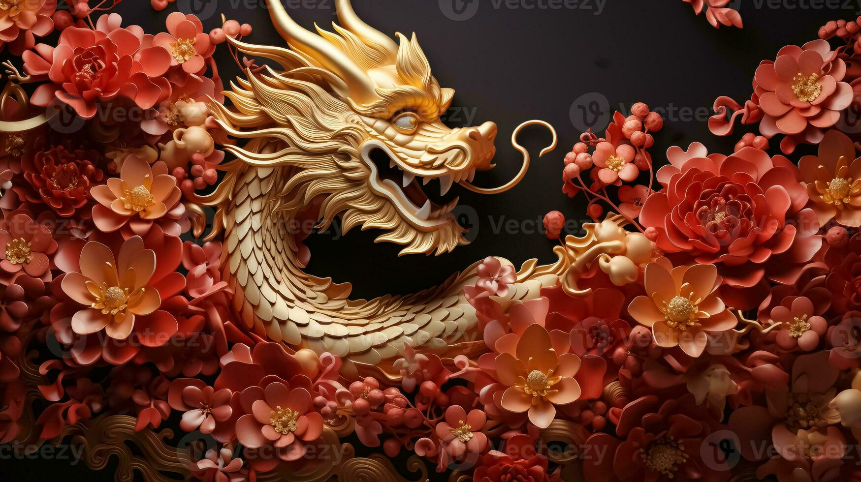 Happy Chinese New Year 2024 banner with golden dragon zodiac sign and red flowers in paper cut origami style. Greeting card concept. Celebration horizontal poster. AI Generated photo