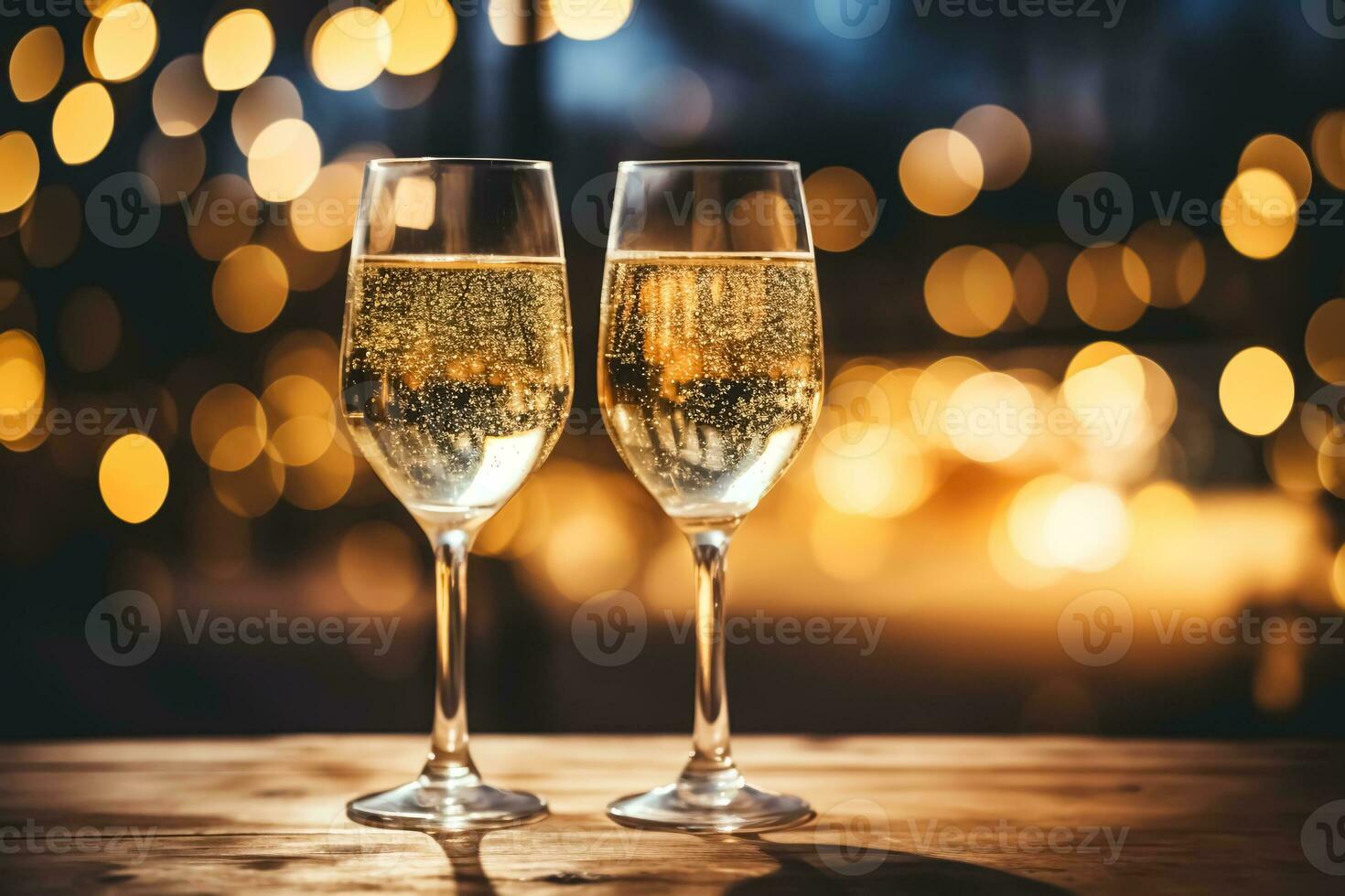 Two glasses of champagne standing on wooden table, blurred background with golden bokeh lights. Festive winter seasonal backdrop. Merry Christmas and Happy New Year card. AI Generated photo