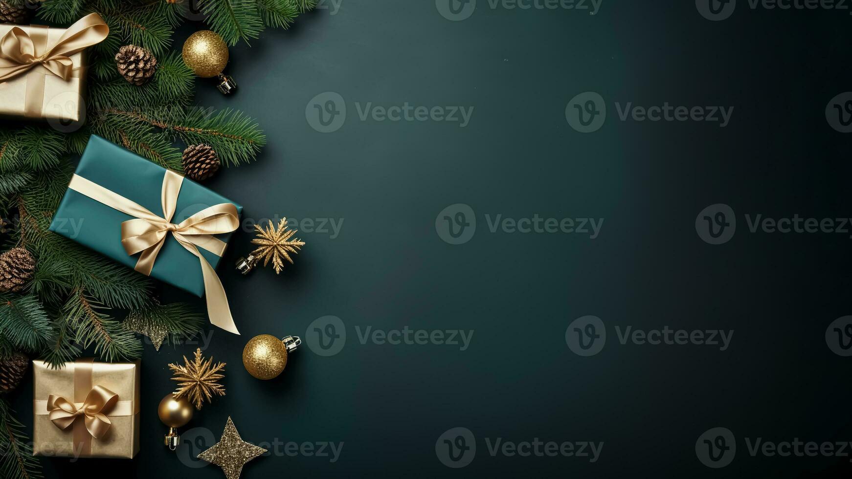 Wrapped golden gift boxes with bow, baubles, pine or fir branches and cones on dark green background. Christmas banner design concept with beautiful decors and copy space. AI Generated photo