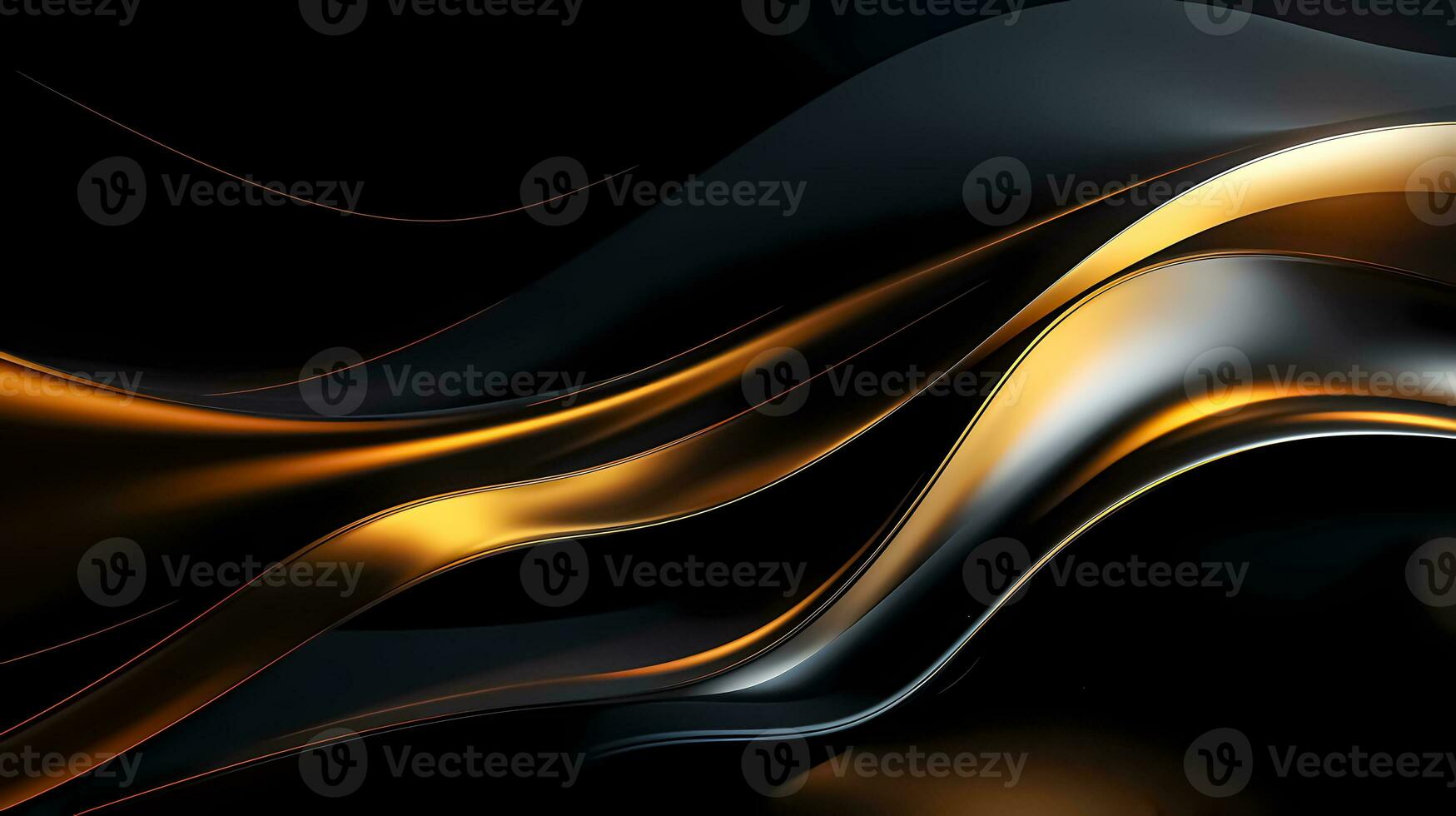 Abstract luxury dark background with golden metallic waves. 3d textured backdrop. 3d digital wallpaper, card, print, wall art. AI Generated photo
