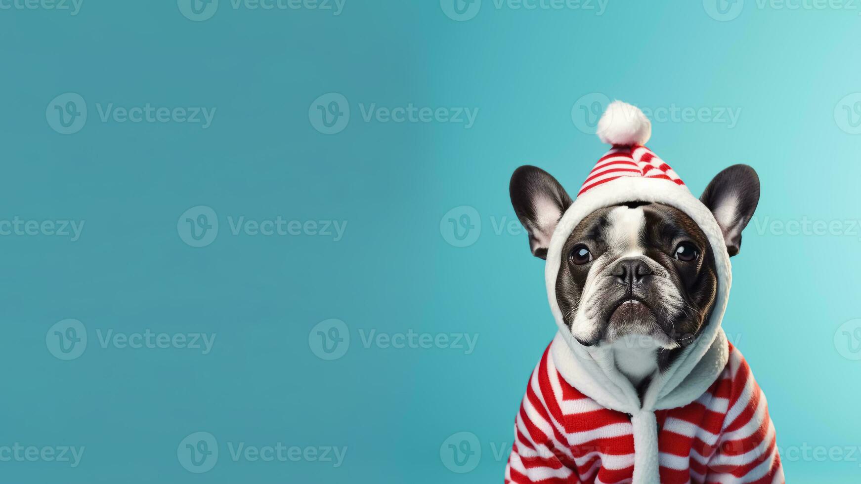 Portrait cute dog in winter costume on light blue background with copy space for text. French bulldog in Santa Claus hat and sweater. Merry Christmas pet. AI Generated photo