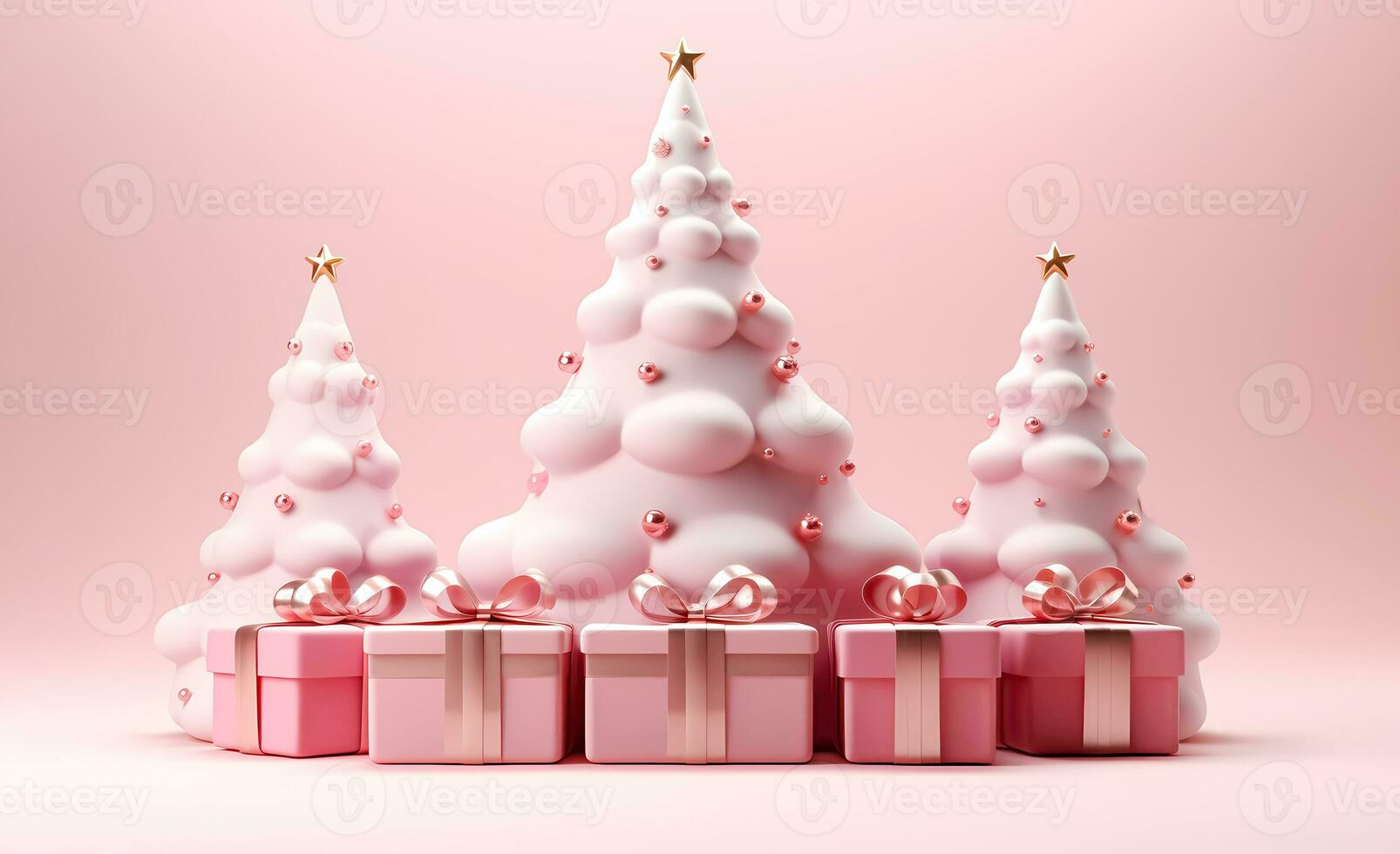 Minimal pink Christmas background with 3d abstract fir tree and gift boxes. Girly Merry glamor Xmas and Happy New Year banner template with copy space. AI Generated photo