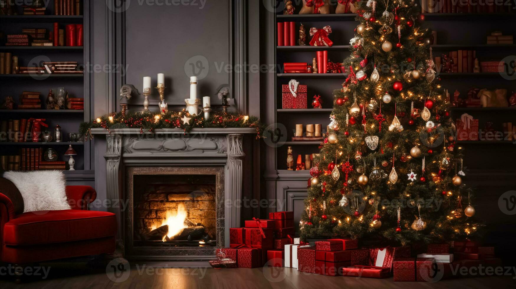 Christmas or New Year cozy home interior. Magic glowing tree with golden and red decorations, fireplace, shelves with books and candles, gifts boxes and velvet armchair. Xmas eve. AI Generated photo