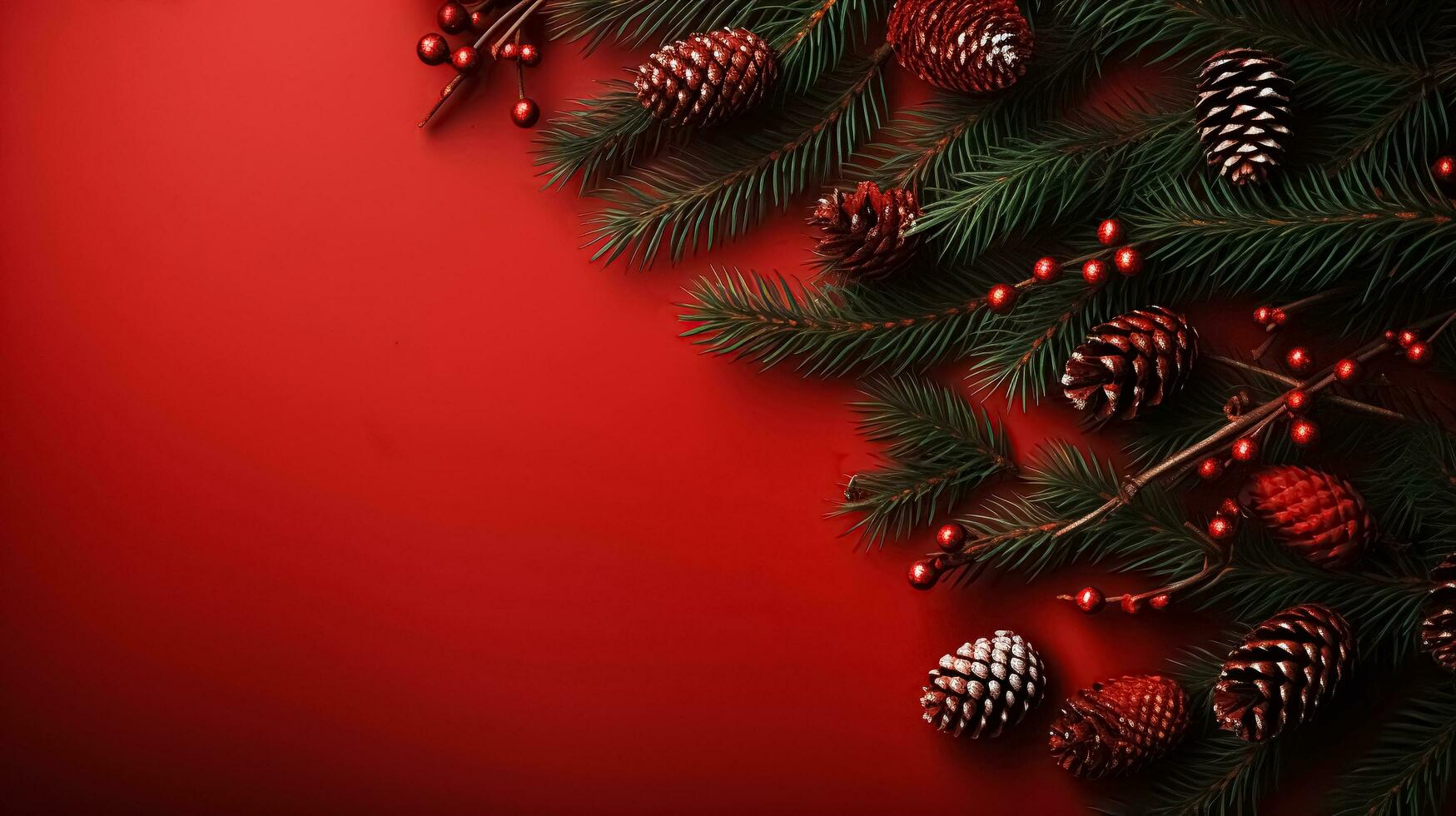 Christmas decorations, fir tree branches and cones on red background with copy space. Happy New Year and Merry Xmas banner design. Flat flat, top view, copy space. Ai generated photo