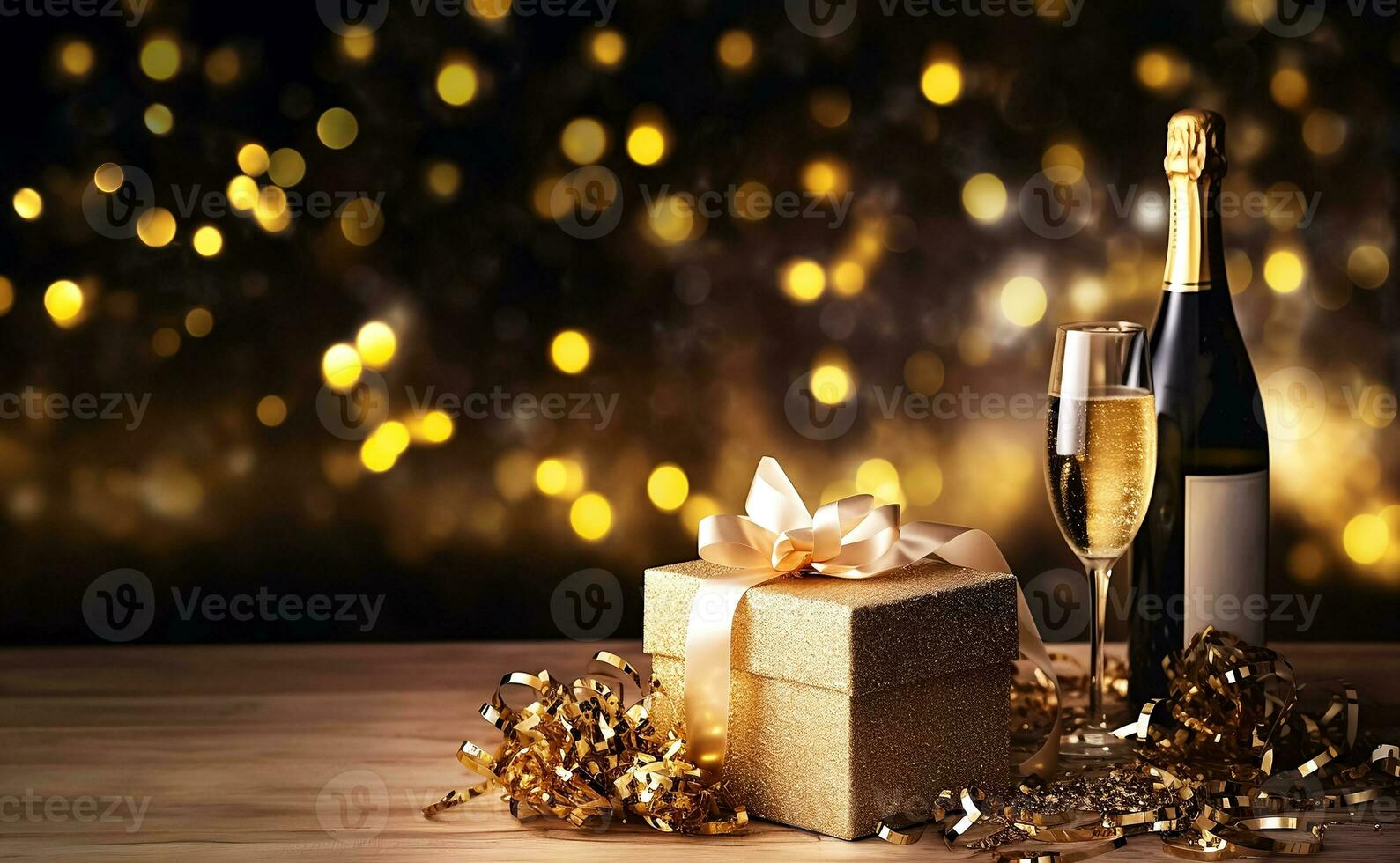 Happy New Year background with golden bokeh lights, confetti, gift and bottle of champagne. Luxury banner template or winter holidays greeting card. New year's eve party backdrop. AI Generative photo