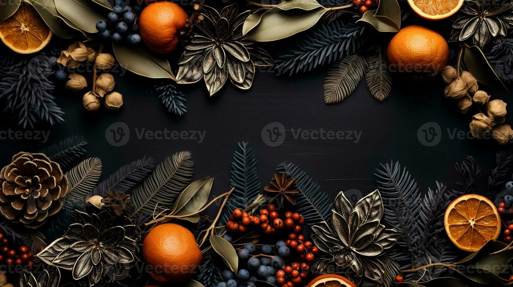 Christmas Eve and New Year concept. Top view of fresh and dried oranges, pine cones and branches, ashberry and juniper berry, leaves and spices on isolated dark blue wooden background. AI Generated photo