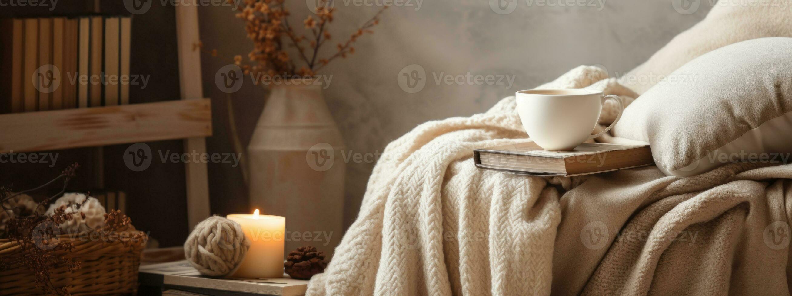 A cozy reading nook with books, a warm blanket, and a steaming cup of tea. Winter banner concept. Generative Ai photo