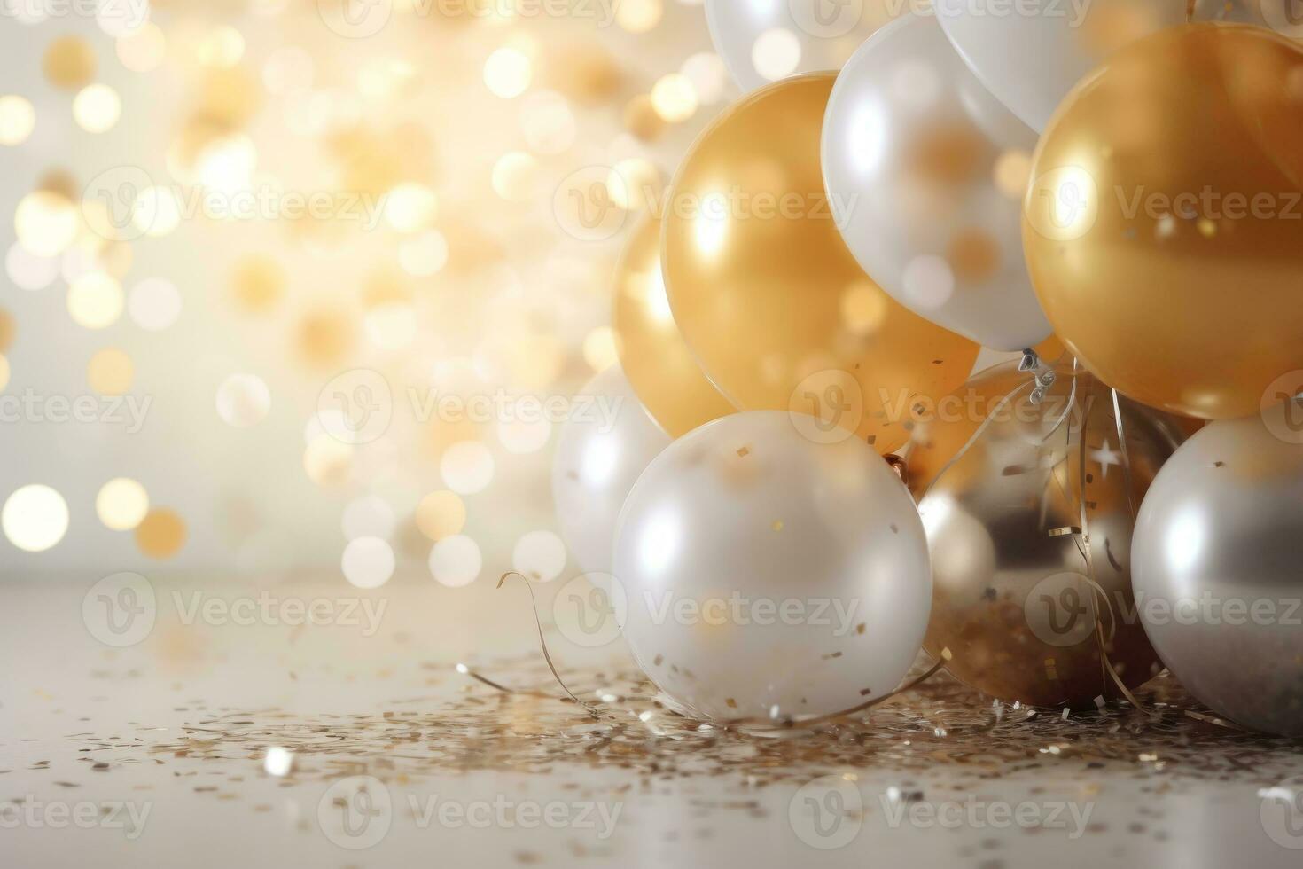 New year balloons gold and silver , confetti flying on gold background