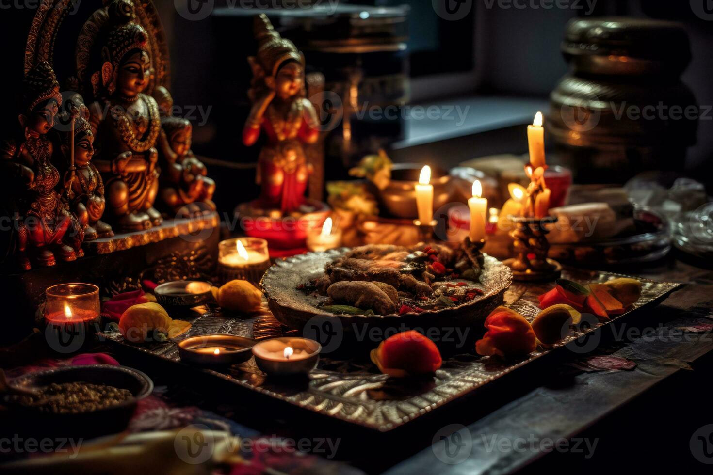 Diwali puja prayers with a beautifully decorated puja thali, idols, and incense. Generative Ai photo