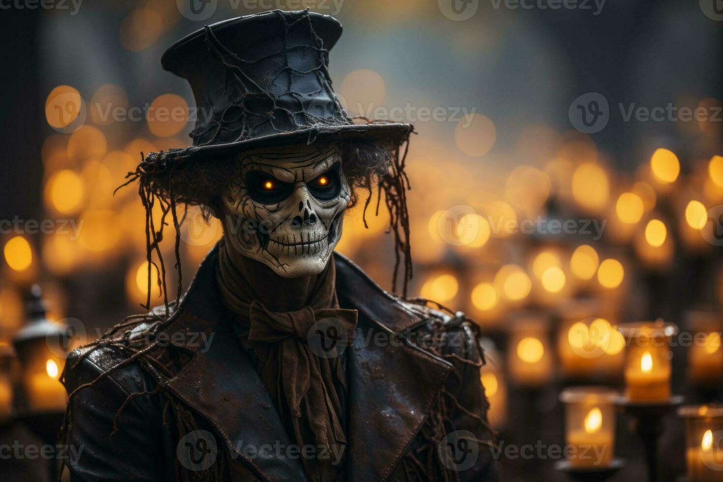 Halloween costumes creatively displayed amidst the eerie backdrop of a cemetery with Jack o' Lanterns. Generative Ai photo