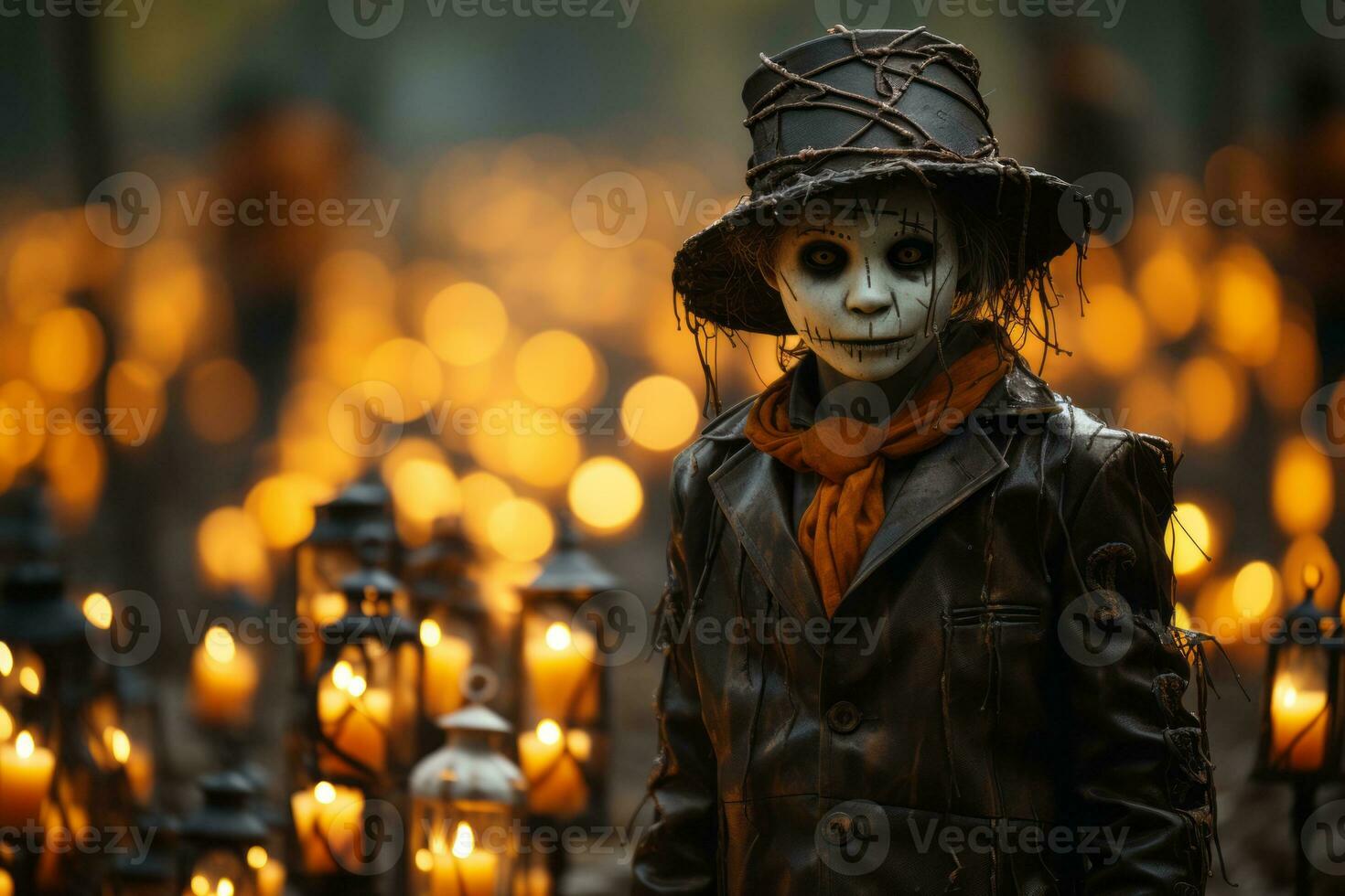 Halloween costumes creatively displayed amidst the eerie backdrop of a cemetery with Jack o' Lanterns. Generative Ai photo