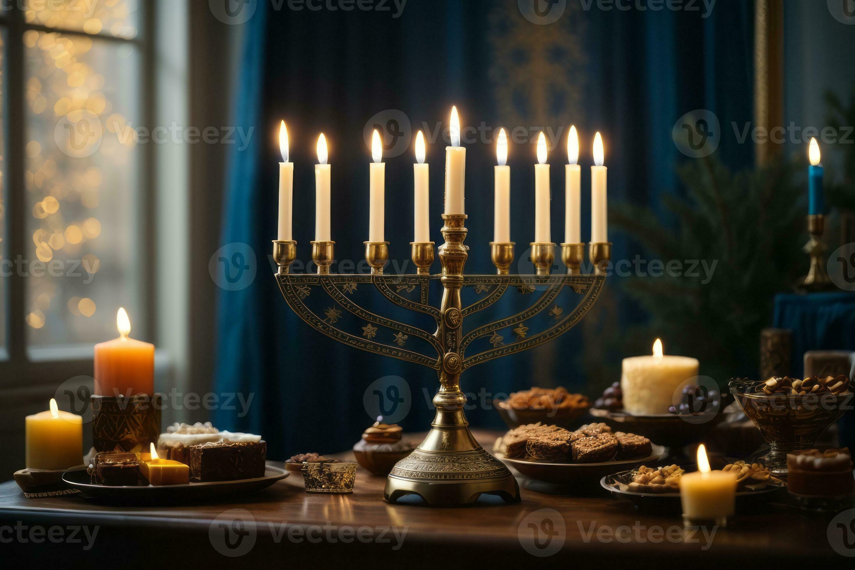 A beautifully arranged image featuring the menorah and the lighting of