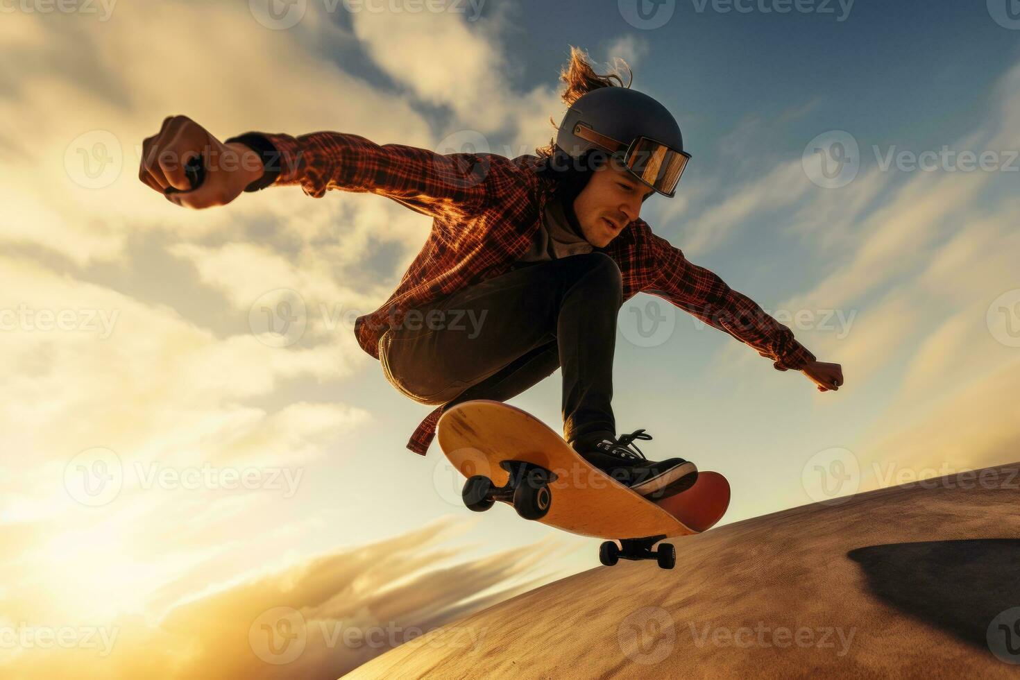 un Angulo alto dinámica Disparo de un extremo Deportes entusiasta ejecutando un atrevido truco, tal como patinar trucos , capturar el adrenalina prisa de el momento. generativo ai foto