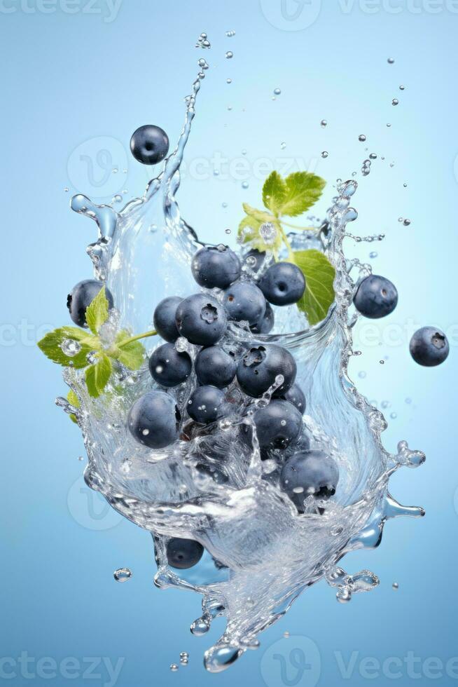 Water splashing on blueberry over blu background. Generative Ai photo