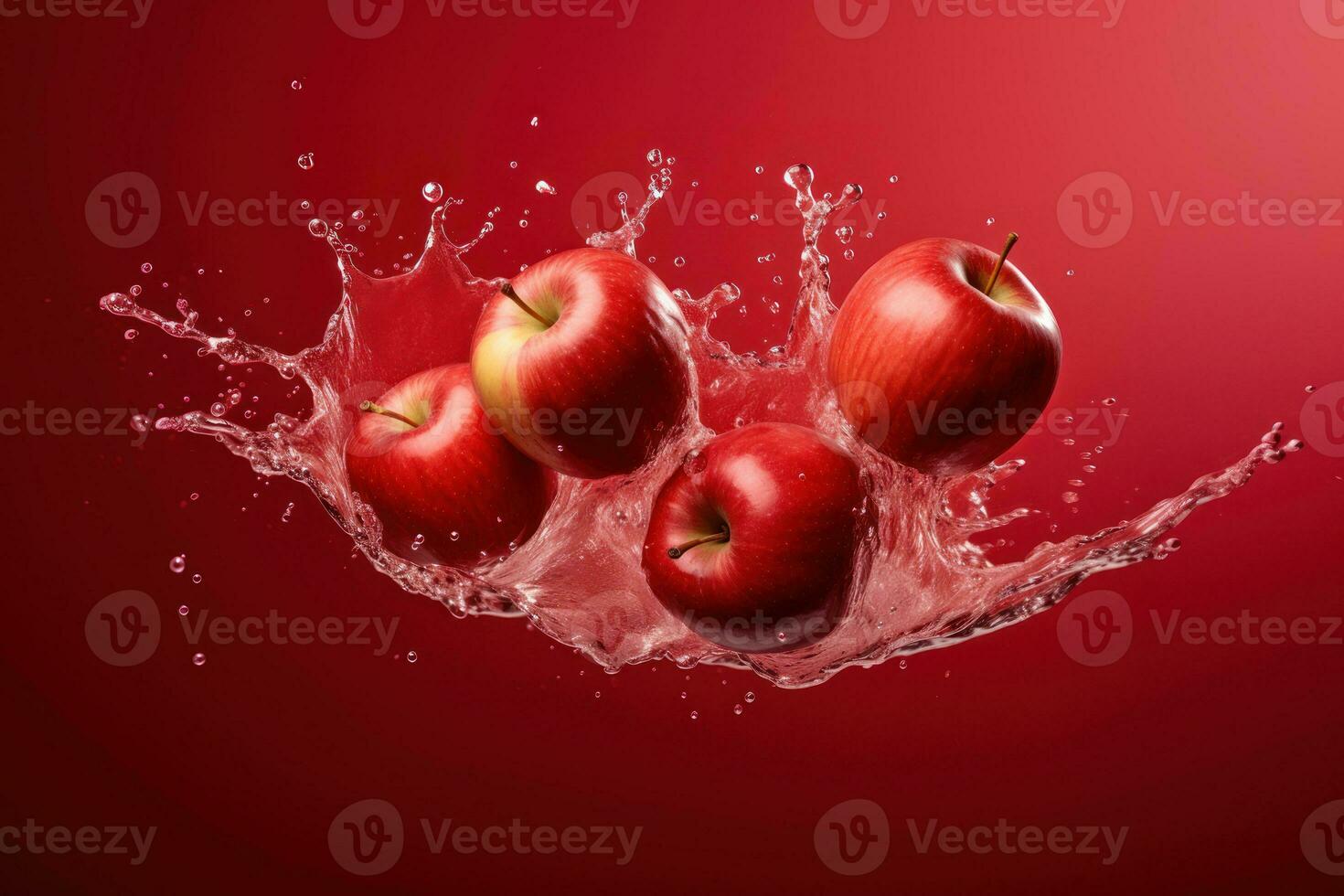 Water splashing on red apples over red background. Generative AI photo