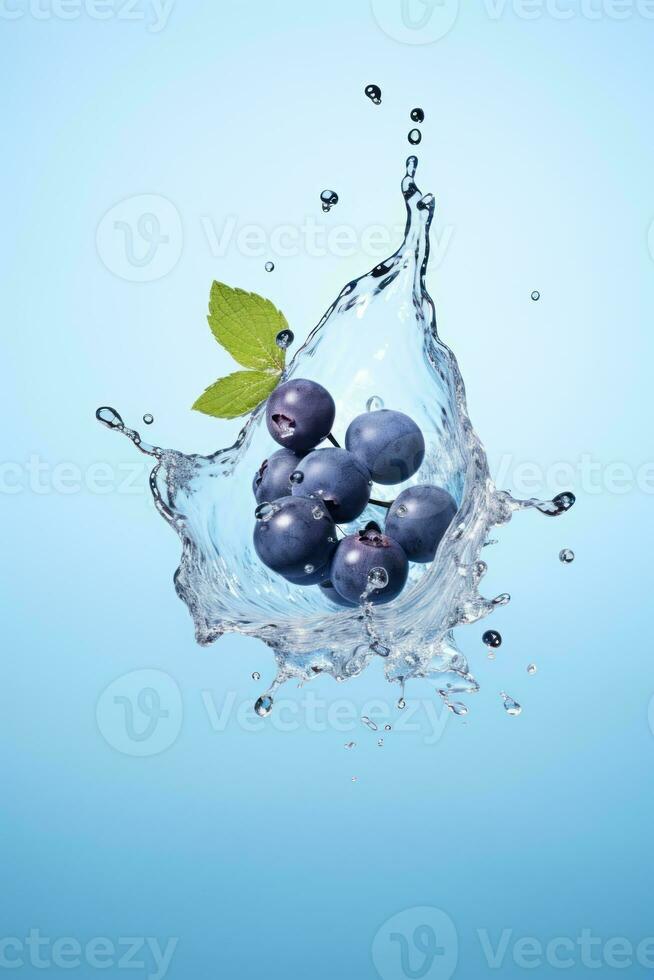 Water splashing on blueberry over blu background. Generative Ai photo