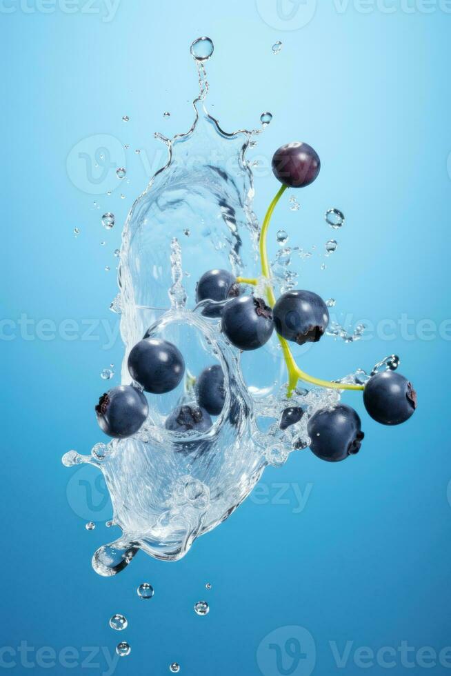 Water splashing on blueberry over blu background. Generative Ai photo