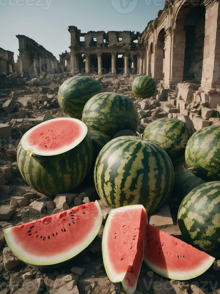 Giant watermelons are scattered around the ruins of buildings left over from the war photo