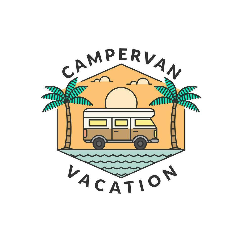 beach and campervan badge monoline or line art style vector illustration